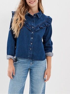 American Eagle Women’s Western Denim Ruffle Button Up Shirt Jacket Dark Wash XS